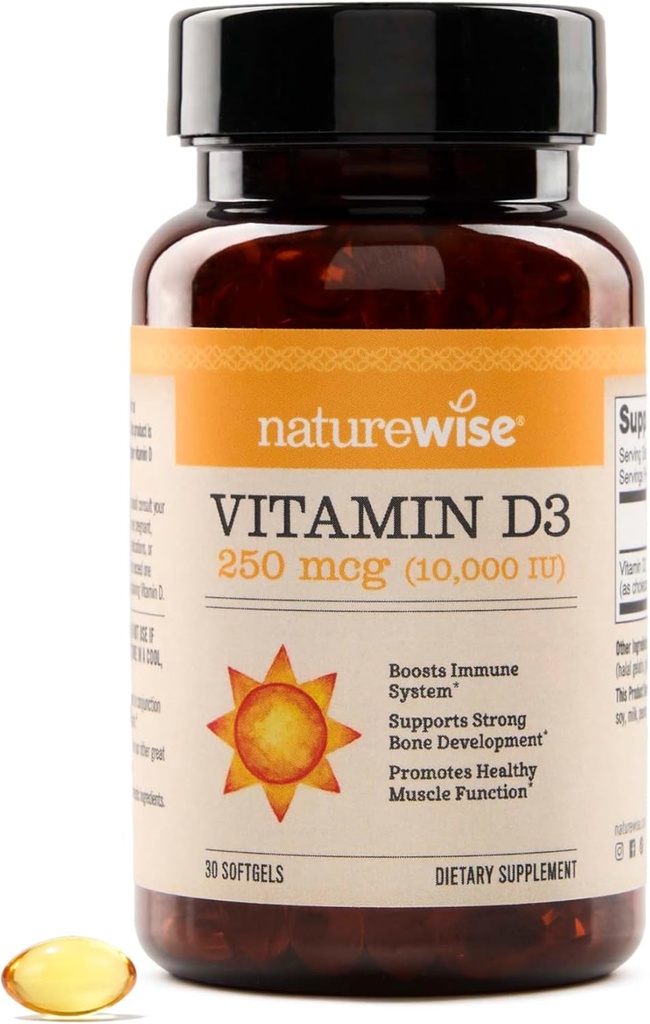 NatureWise Vitamin D3 10,000IE (250 mcg) 30- Day Supply - High potens for sund immunforsvar & muskelfunktion, Non- GMO, Gluten- Free in Organic Extra Virgin Olive Oil, (Mini Softgel), 30 Greve