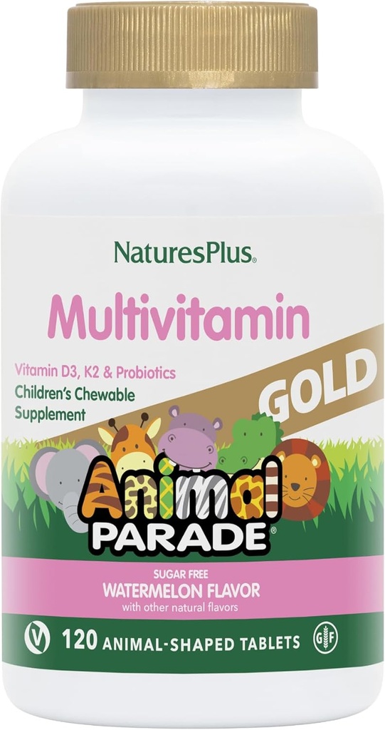 Natures Plus Animal Parade Gold Multivitamin Children Chewables - Watermelon Flavor - 120 Animal- Shaped Tablets - Vitamin D3, K2 & Probiotika - Vegan, Gluten Free - 60 Total Servering