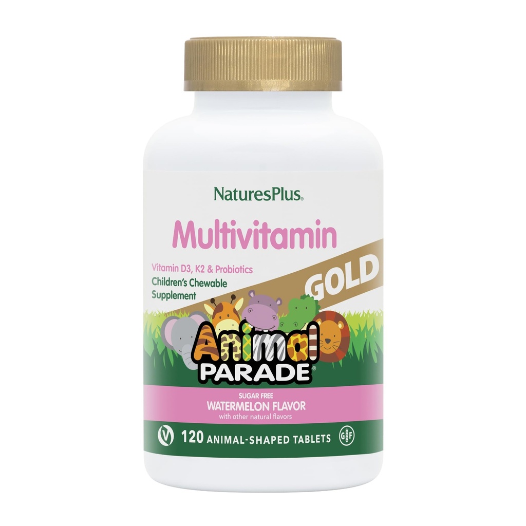 Natures Plus Animal Parade Gold Multivitamin Children Chewables - Watermelon Flavor - 120 Animal- Shaped Tablets - Vitamin D3, K2 & Probiotika - Vegan, Gluten Free - 60 Total Servering