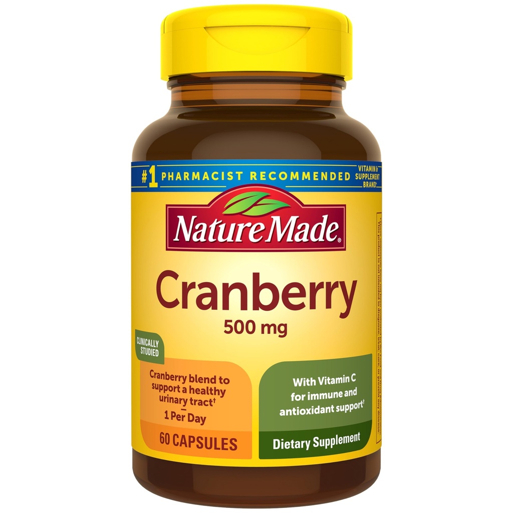 Nature Made Cranberry Supplement 500mg med C-vitamin til immunforsvar og antioxidant Support, Cranberry Blend til urinvejssundhed, én per dag, 60 kapsler