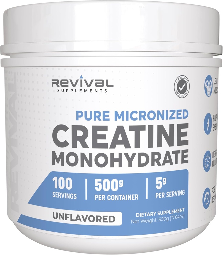 Revival Premium Mikroniseret Creatinine monohydrat - HPLC Testet 100% Pure Grade - 500g (100 Servere) - Understøtter Lean Muscle Growth - Maksimal Absorption - Unflavored - Lavet i USA & 3. part Lab Testet
