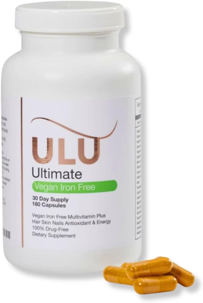 Ultimate Multivitamin: Vegansk, Jernfri, fremmer stærkere hår, hud, og negle og forbedrer antioxidant & energi med bedre søvn & mindre stress - 180 kapsler (30-dages forsyning)