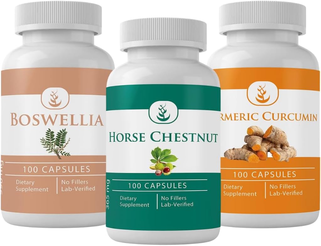 PURE ORIGINAL INGREDIENSER Horse Chestnut, Boswellia, og gurkemeje Bundle, 100 Kapsler Hver, Altid Ren, Ingen Tilskud eller Fillers