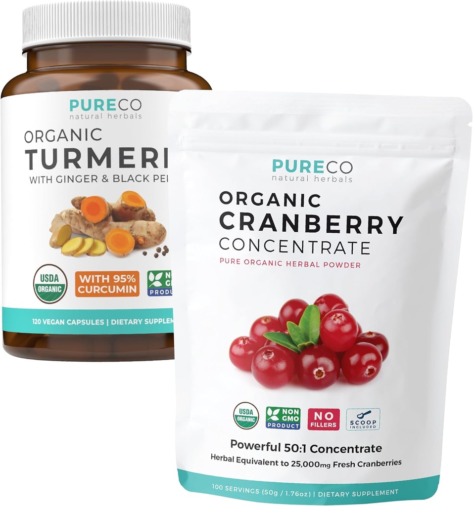 Turmeric & Cranberry Powder (3-Month Supply) Berry Turmeric Blend Bundle of Organic Turmeric Curcumin with Black Pepper & Ginger (120 Caps) & Organic Cranberry Concentrate Powder Extract (100 Scoop)