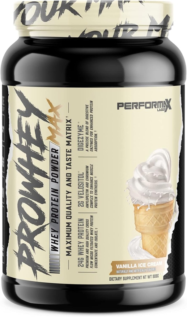 ProWhey Max Whey Protein Powder • 124; maksimal kvalitet og smag • 124; 24g protein med tilsat fordøjelsesfremmende enzymer • 124; lækker smag (vanille is, 2 pund)