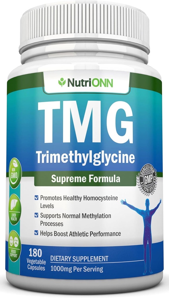 TMG trimethylglycin supplement - 1000mg - 180 kapsler - Premium Pure Betaine Vandfri - understøtter normale homocystein & blodtryksniveauer - fremmer metylering processer - ikke-GMO formel
