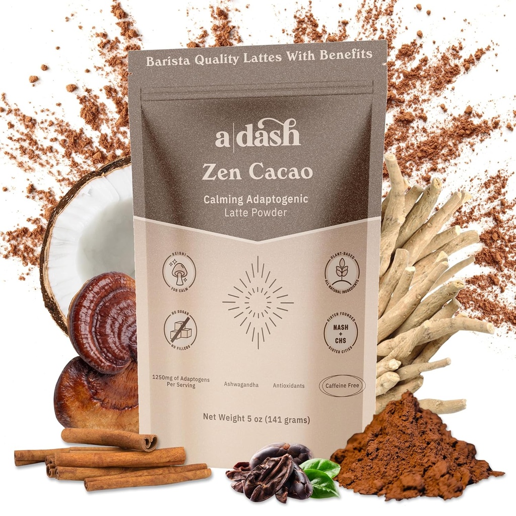 A Dash Zen Cacao Latte, Chocolate Mushroom Coffee Alternative Made with Adaptogens, Ashwagandha, & Kanel Root Extract, Mushroom Hot Coco med ingen koffein (20 Servere)