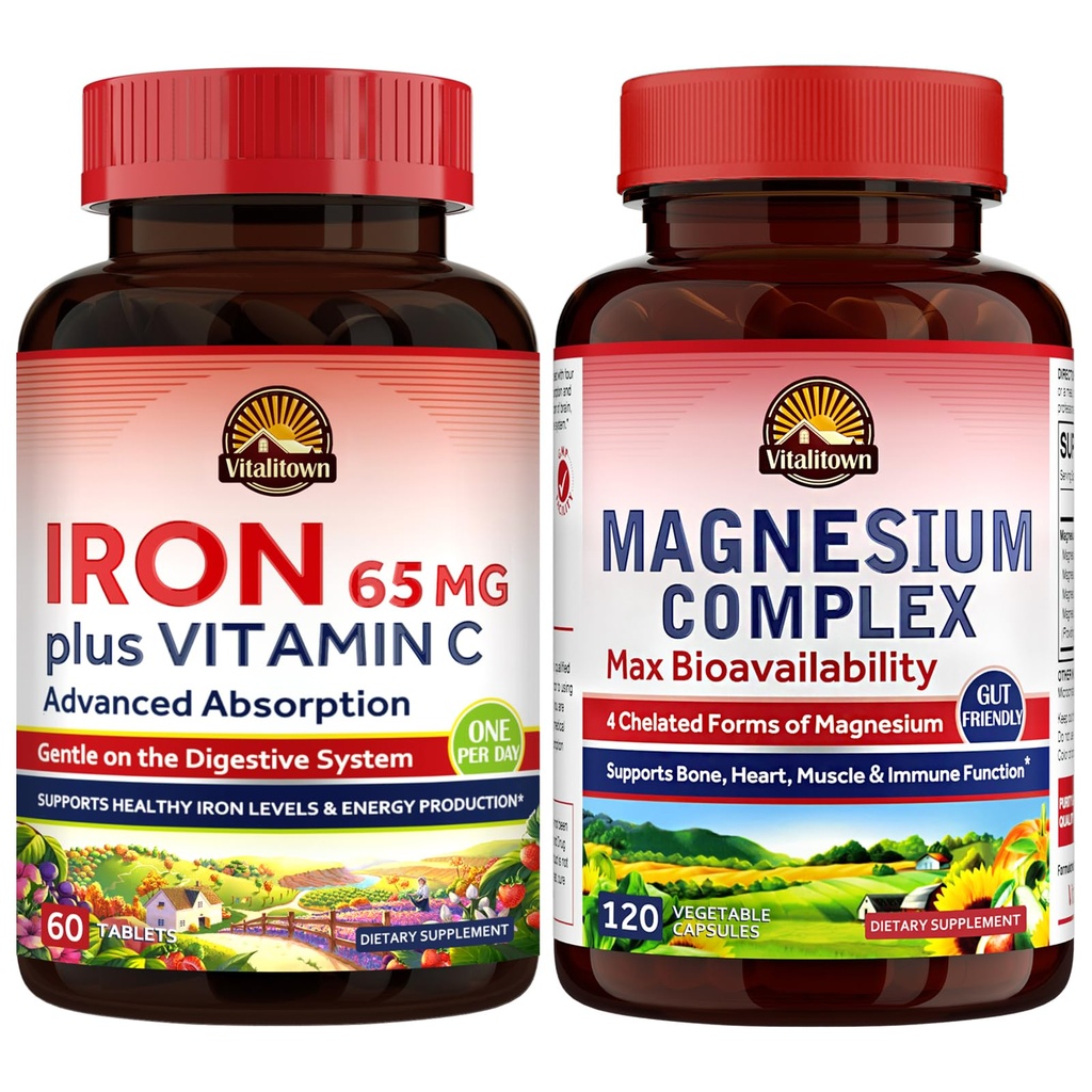 Vitalitown Magnesium Complex Supplement 500mg & 65mg Iron Supplement for Women Men, for Sleep, Muscle, Blood Building & Energy Improvement