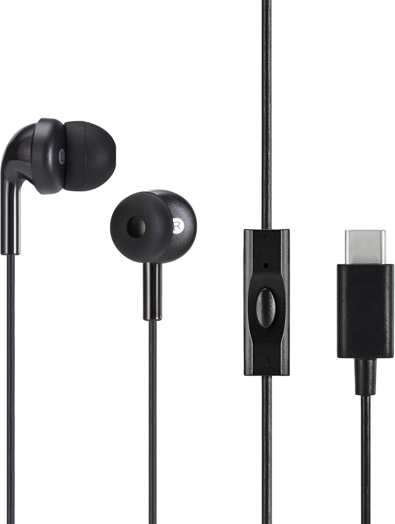 Grundlæggende Wired Earbuds med Mikrofon, I Øre hovedtelefoner, USB- C, 4,2 ft lang kabel, S / M / L Øre Tips, One size, Sort