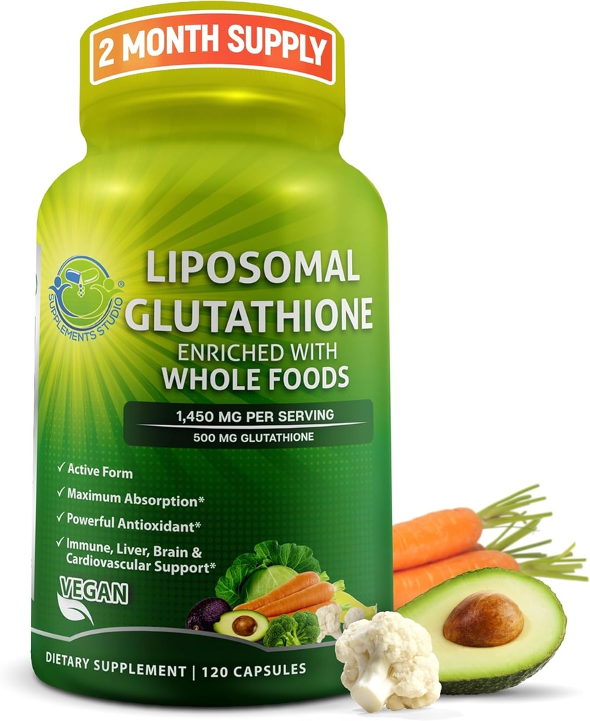 Liposomal Glutathione 500mg - Active Form L Glutathion (Reduceret) for maksimal Absorption - Lavet med økologiske hele fødevarer - Master Antioxidant & Detoxifier - Immunum & Cardiovaskulær Support - 120 tæller