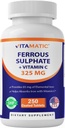 Vitamin Ferrosulfate 325 mg med vitamin C 100 mg (65 mg Elementalt jern) - højpotens jerntilskud - ingen kunstige farver - 250 overtrukne tabletter, Lavet i USA