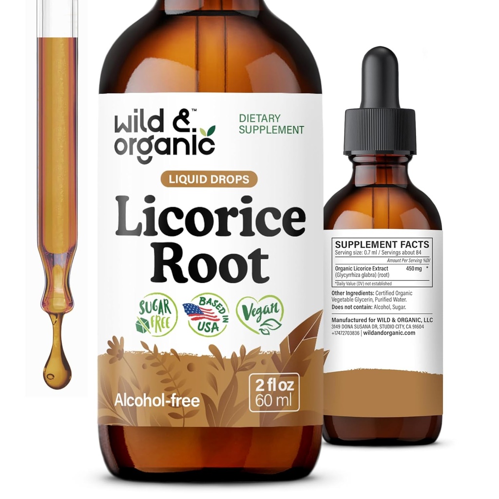 Wild & Organic Lakrids Tinktur - Digestiv Support - Pure Lakrids Root Extract Drops - Glycyrrhiza Glabra - Vegan, Sukker & Alkohol- Free Supplement - 2 fl oz