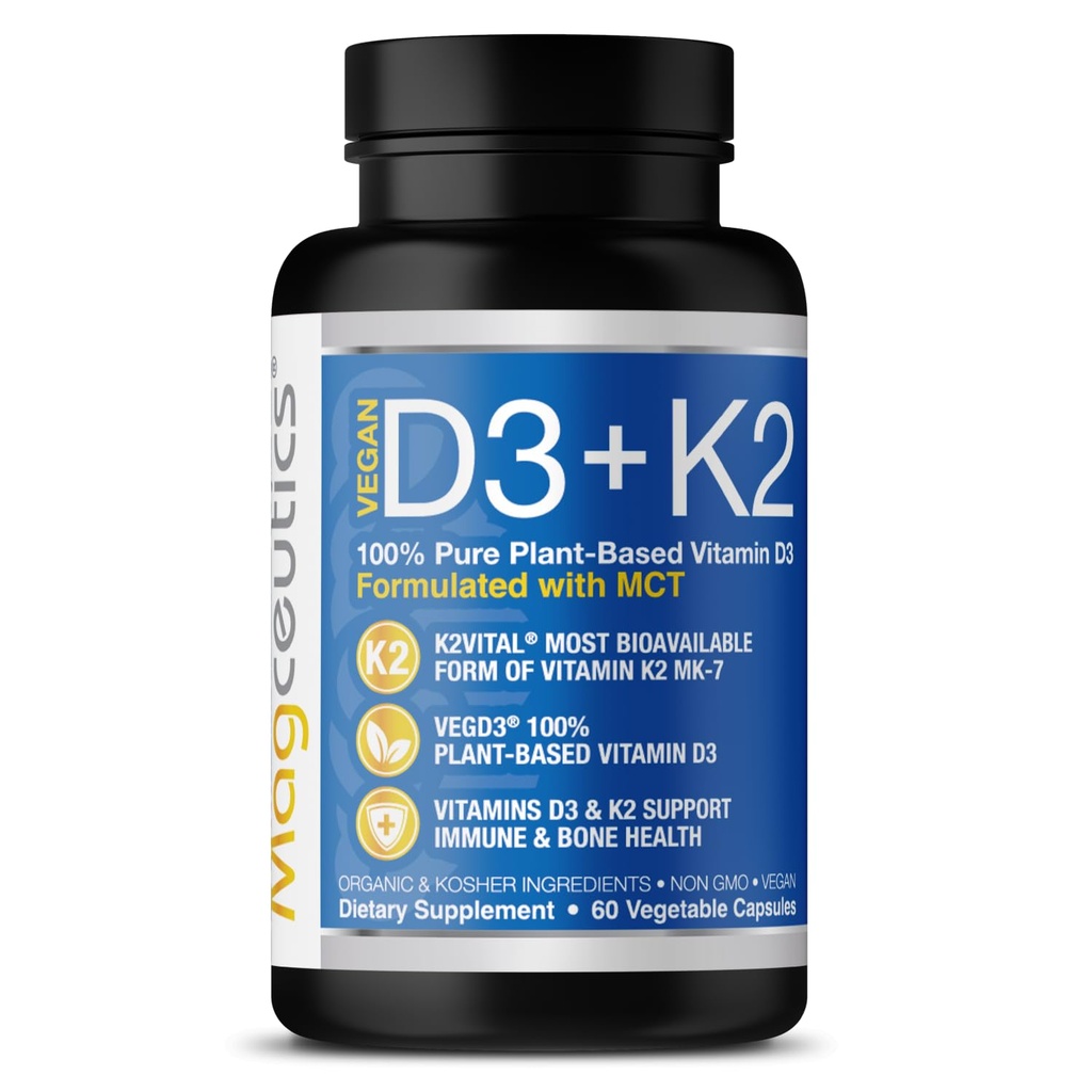 Vitamin D3 K2 med MCT, 5000 IE Vegan D3 & 100 mcg MK7 K2, Support Strong Bones and immun Health - 60 kapsler (60 dages forsyning)