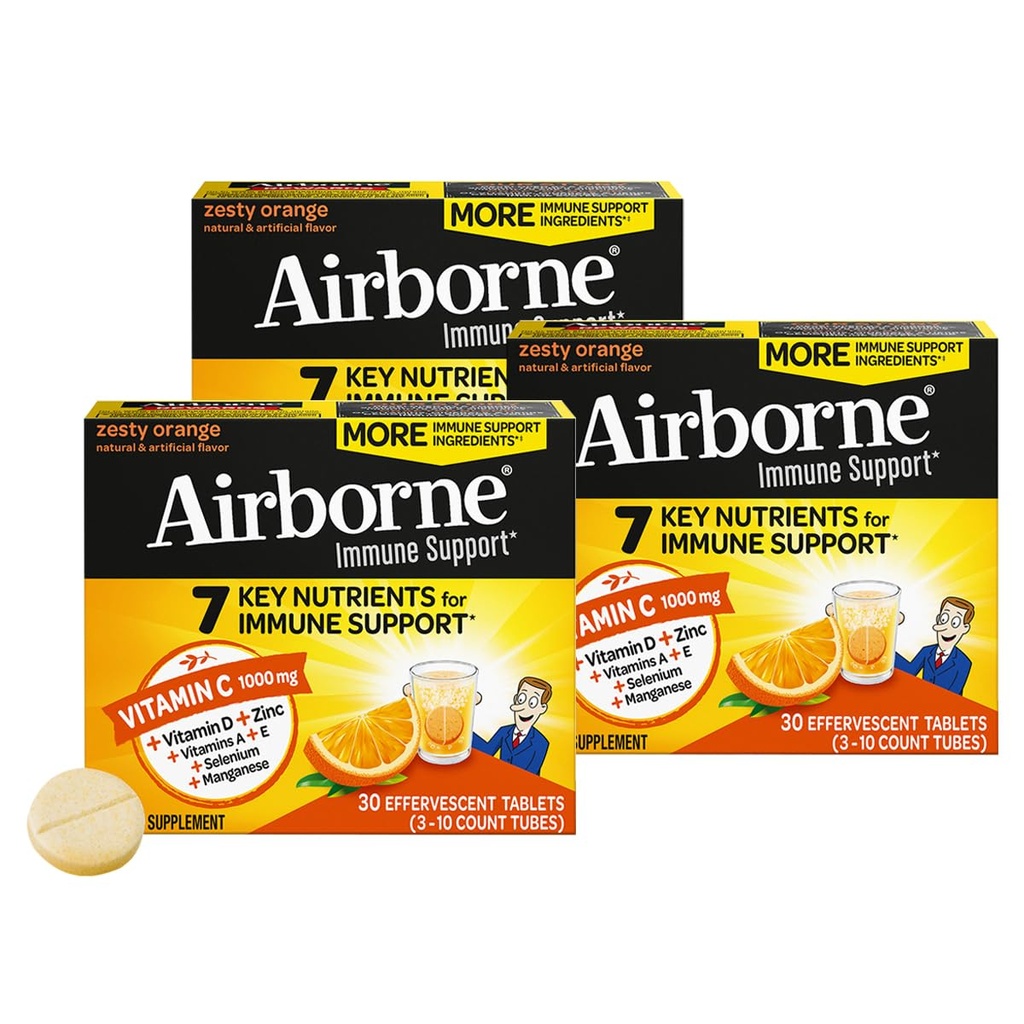 Airborne 1000mg C-vitamin + Zinksukker fri Multivitamin immunforsvar Effervescent Fizzy Drikketabletter, Zesess Orange Flavor med stærke antioxidanter Vitamin A C & E, 30 tabletter (3 Pack)