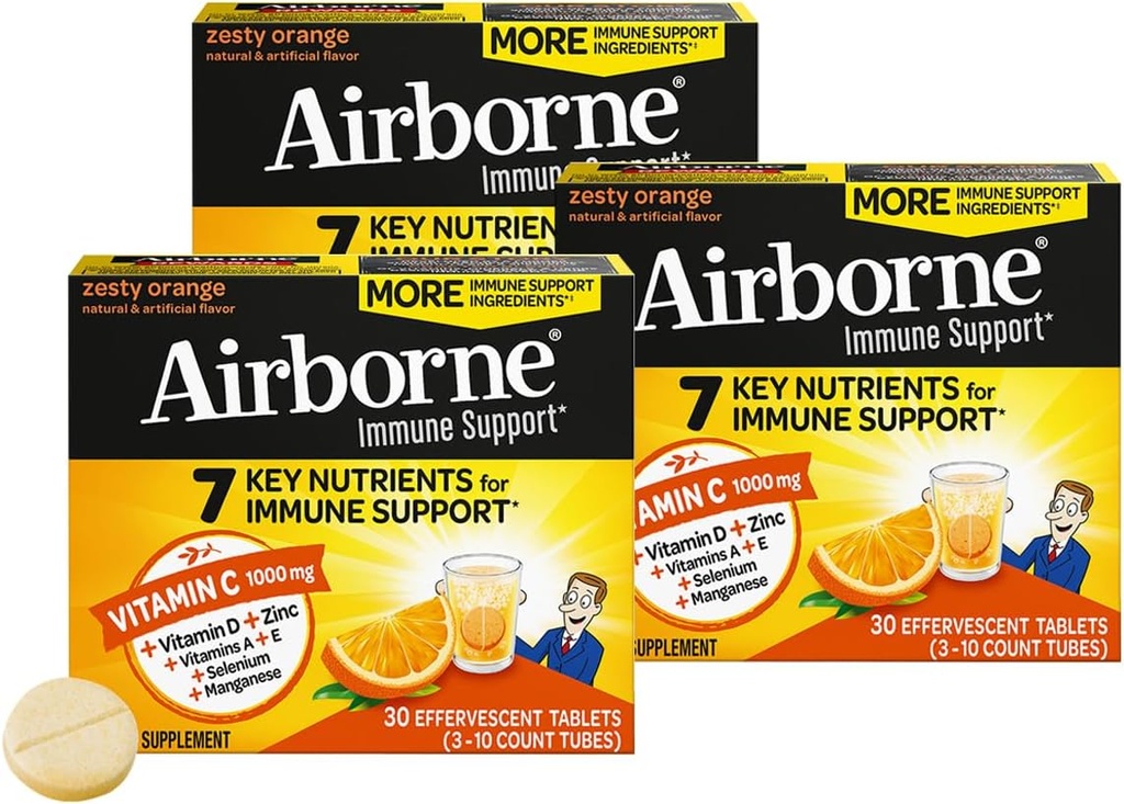 Airborne 1000mg C-vitamin + Zinksukker fri Multivitamin immunforsvar Effervescent Fizzy Drikketabletter, Zesess Orange Flavor med stærke antioxidanter Vitamin A C & E, 30 tabletter (3 Pack)