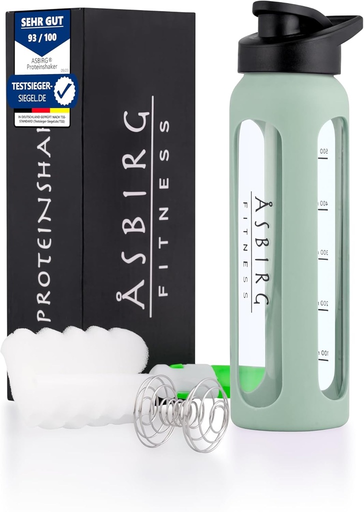 Fitness124; 24 oz Glas Protein Shaker Flaske - BPA- Free, Bladsikker Lid, Rustfrit stål Blanding Ball & Silicone Ærme - Gym Shaker til Smoothies, Shakes & Pre- Workout - Pastel Green