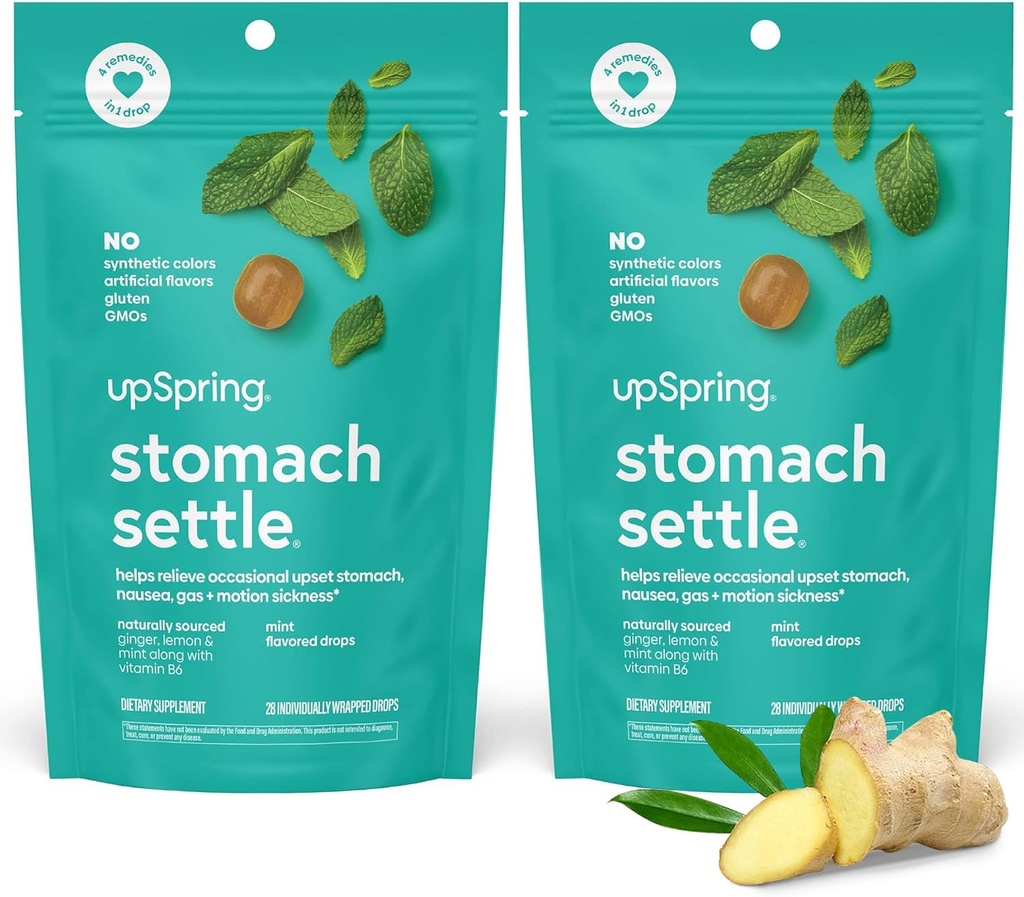 UpSpring Mavesæk Drops til lejlighedsvis kvalme Relief, Opsat Mavesæk og Motion Sygdom med ingefær, Lemon, Spearmint og B6, Mint Flavor Drops, 56ct (Pack of 2)