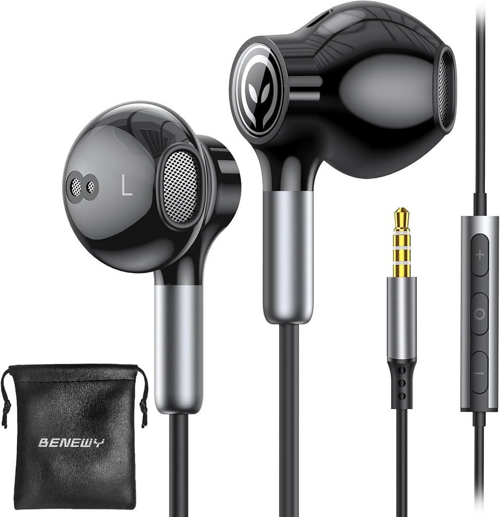 BENEWY Wired Earbuds med mikrofoner, Wired Earphones in- Ear Hovedtelefoner, Volume Control, Kraftfuld Bass og Clear Audio, 3.5mm Jack Earbuds til iPhone, iPad, Laptop, Computer, MP3