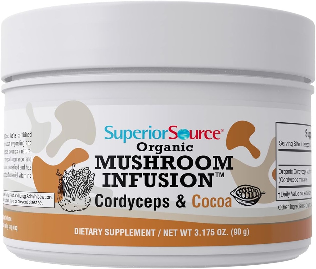 Superior Source Organic Mushroom Infusion - Cordyceps & Kakao, Øget energi, Stamina & Endurance, Anti- Aging Egenskaber, Heart Health, Kraftig immunforsvar, 45 Serveringer, Non- GMO