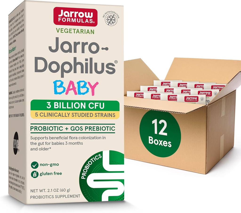 Jarrow Formulas Jarro-Dophilus Baby Probiotic + GOS Prebiotic, Dietary Supplement, Gut Support for Babies, 2.1 oz Powder, 60 Day Supply (Pack of 12)