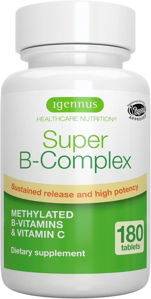 Igennus Super B- Complex Methylerede B- vitaminer, MTHFR tillæg med methylfolat & B12 Methylcobalamin, høj biotilgængelighed & potens, Vegan, Lab Verified, 180 små tabletter