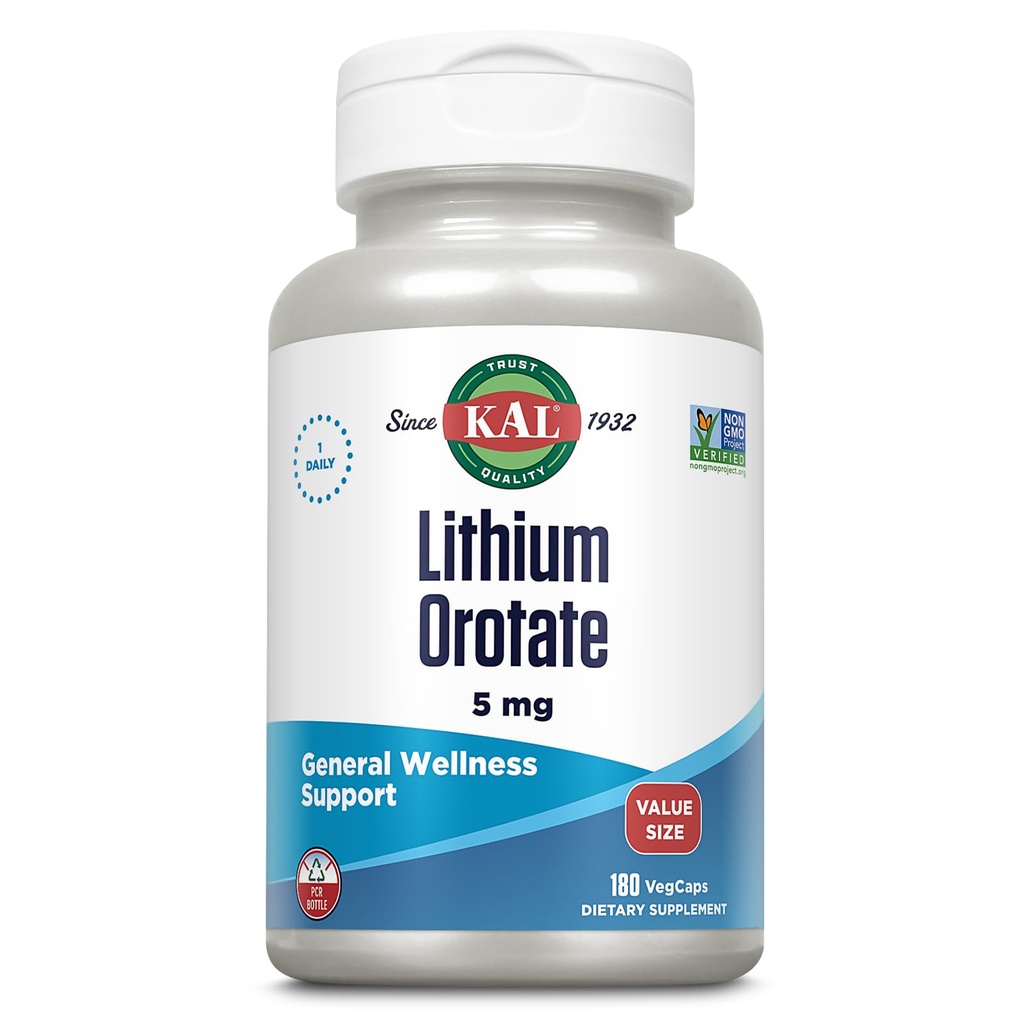 KAL Lithium Orotere 5mg, Lavdosis Lithium supplement til generel Wellness Mood Support, Meget biotilgængelig, Vegan, 60- Day Garanti, 180 Servere, 180 VegCaps