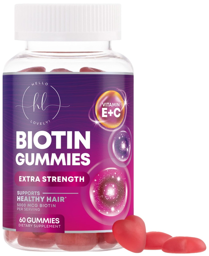 Hår Vitaminer Gummy med Biotin 5000 mcg - Hårvækst Support med Vitaminer E & C for Thicker, Stærkere & Smukke Hår - Hårhud og negle Vitamin til kvinder, Non- GMO, Gluten Free - 60 Gummies