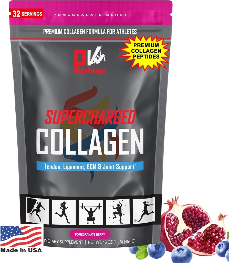PhysiVantage Supercharged Collagen Peptider Powder - Hydrolyzed Collagen for Joint, Tendon, Ligament, & Skin Health Support - Pomegranat, Keto, Paleo, 16oz124; Forstærket med C-vitamin, BCAA, Grass- Fed