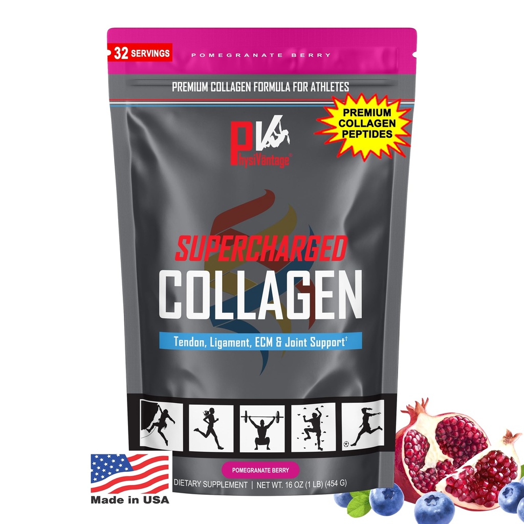 PhysiVantage Supercharged Collagen Peptider Powder - Hydrolyzed Collagen for Joint, Tendon, Ligament, & Skin Health Support - Pomegranat, Keto, Paleo, 16oz124; Forstærket med C-vitamin, BCAA, Grass- Fed
