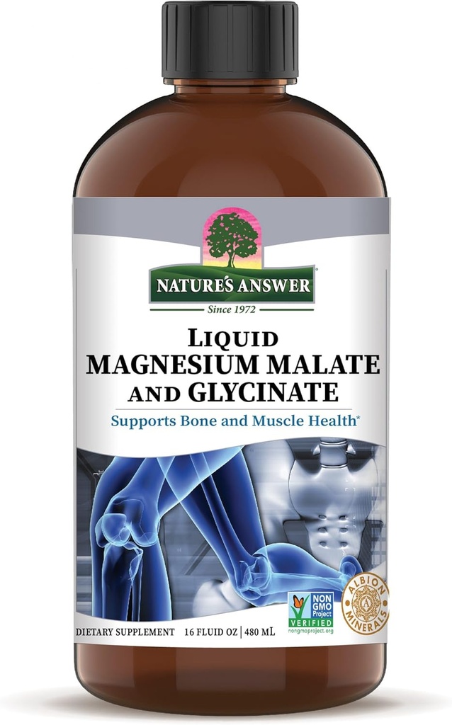 Magnesium Glycinat & Magnesium Malat Væske - 16 Oz Magnesiumkoncentrat - Vegan & Gluten- Free - Knogler, muskler og kardiovaskulær Support - Egnet til alle