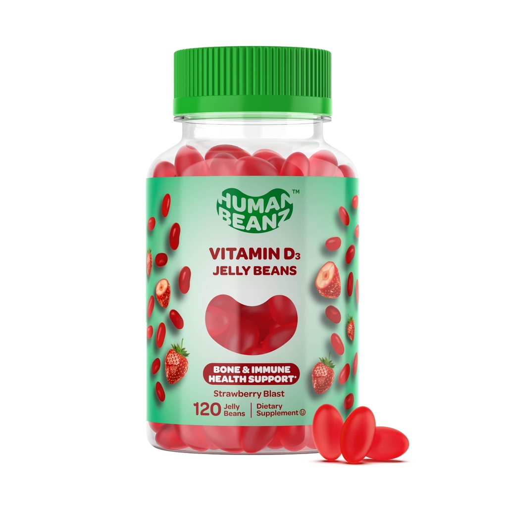 Vitamin D3 Jelly Bean Gummies for voksne, Immunity Support, 2000 IE Vitamin D, Nutritional Vegetar Kosttilskud, 120 Strawberry Blast Jelly Beans, Kosher