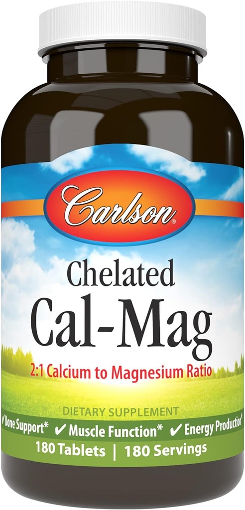 Carlson - Chelated Cal- Mag, 2: 1 Calcium til Magnesium Ratio, Knoglestøtte, Muskelfunktion & Energiproduktion, 180 tabletter