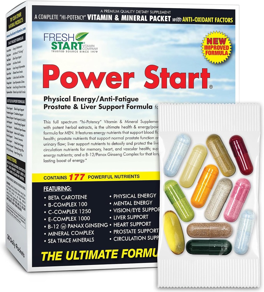 Power Start Complete Daily Vitamin Pack 124; Mænds Health Support, 10X Energy & Stamina Booster Budding124; Vitamin A, B, C, D, E, B12, Minerals, Tribulus, Maca, Epimedium, Tongkat Ali (30 Pakets)