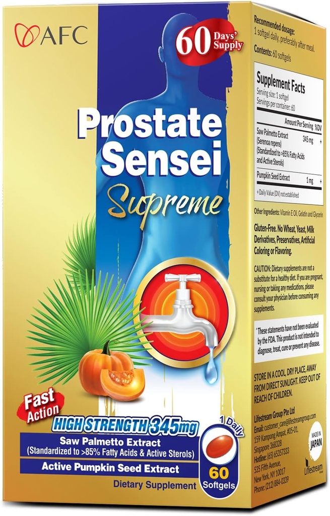 AFC Japan Prostate Sensei Supreme - Saw Palmetto Supplement for mænd med fede syrer & steroler - Understøtter urinstrømmen, Bstige funktion, hårsundhed - Natural Prostate Support Formel, 2 Måned Supply