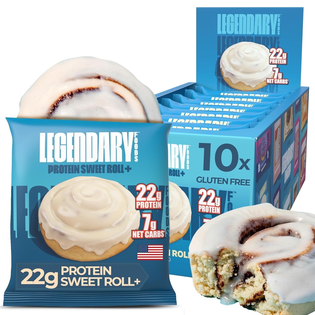 Legendary Foods 22g Protein Cinnamon Roll - Premium High Protien Bars, Low Carb Meal Replacement Snack, Low Glycemic Index, Gluten Free Snacks - Sweet Zero Sugar, Keto and Diabetic Friendly 10-Pack