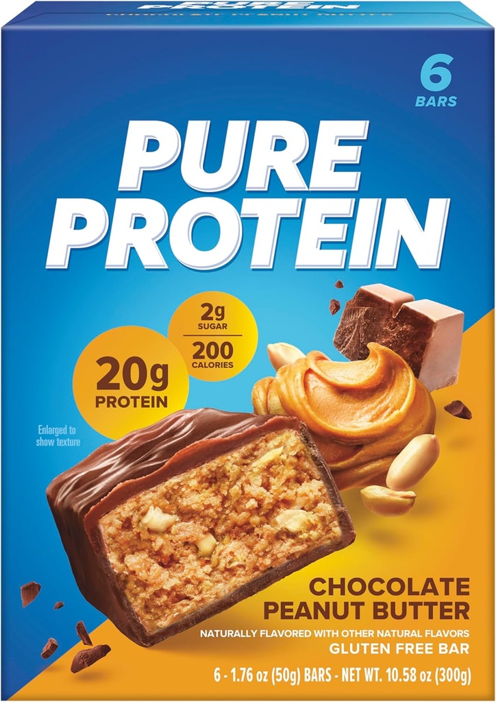 Pure Protein Bars, High Protein, Nutrious Snacks to Support Energy, Low Sugar, Gluten Free, Chokolade Peanut Butter, 1.76 Oz (Pack of 6)