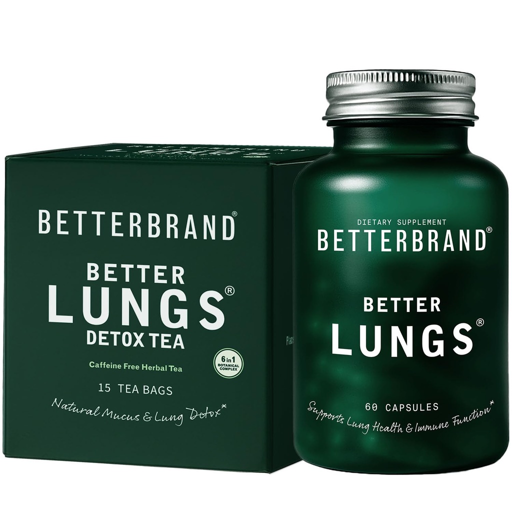 Betterbrand Bedre Lungs Health Pack - BetterLungs & BetterLungs Detox Tea Bundle - Daglig reporatory Health Supplement - 15X Herbal Tea Tasker + 60 Kapsler
