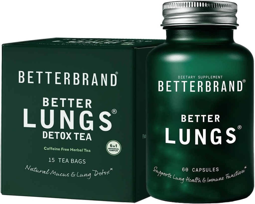 Betterbrand Bedre Lungs Health Pack - BetterLungs & BetterLungs Detox Tea Bundle - Daglig reporatory Health Supplement - 15X Herbal Tea Tasker + 60 Kapsler