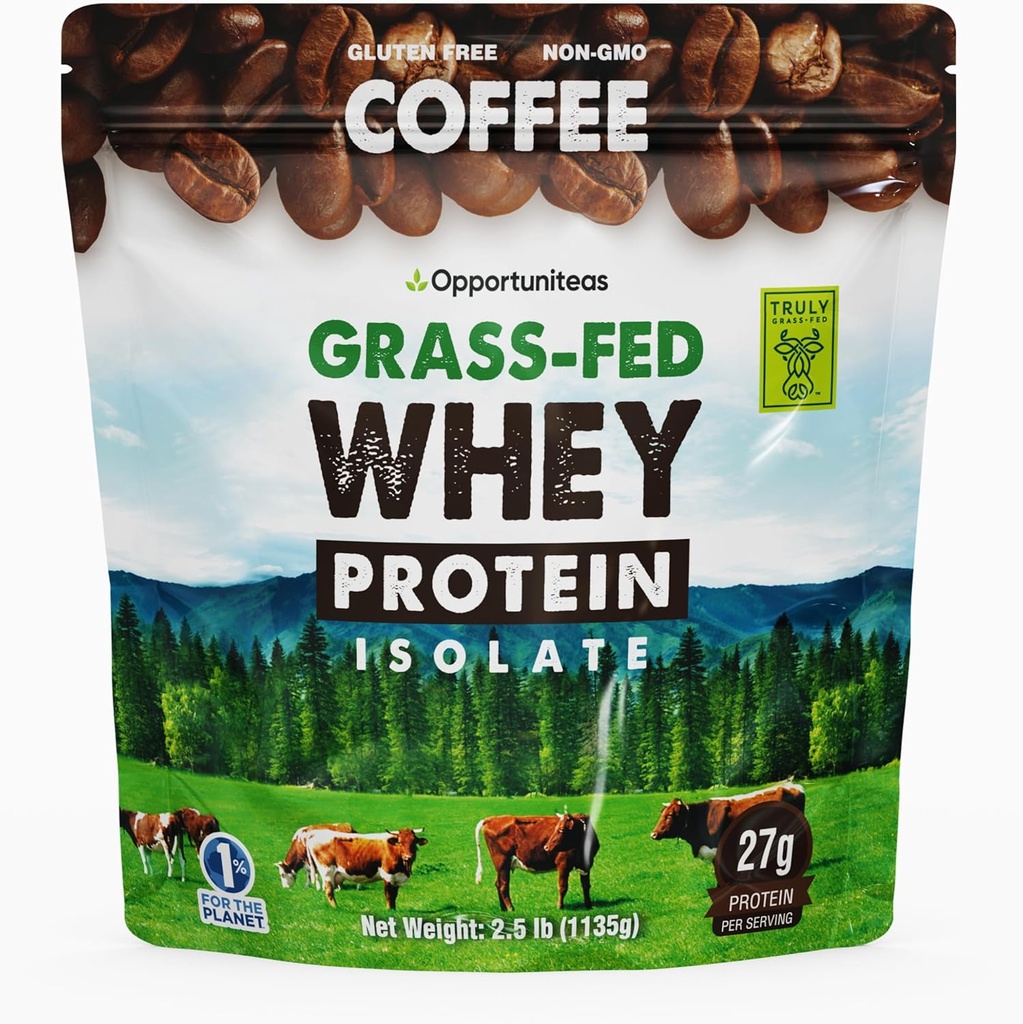 Opportuniteas Grass Fed Coffee Whey Protein Isolate Powder - 27g Protein Powder uden kunstige sødestoffer, Hormon-Free Cows, Ikke GMO - 2.5lb