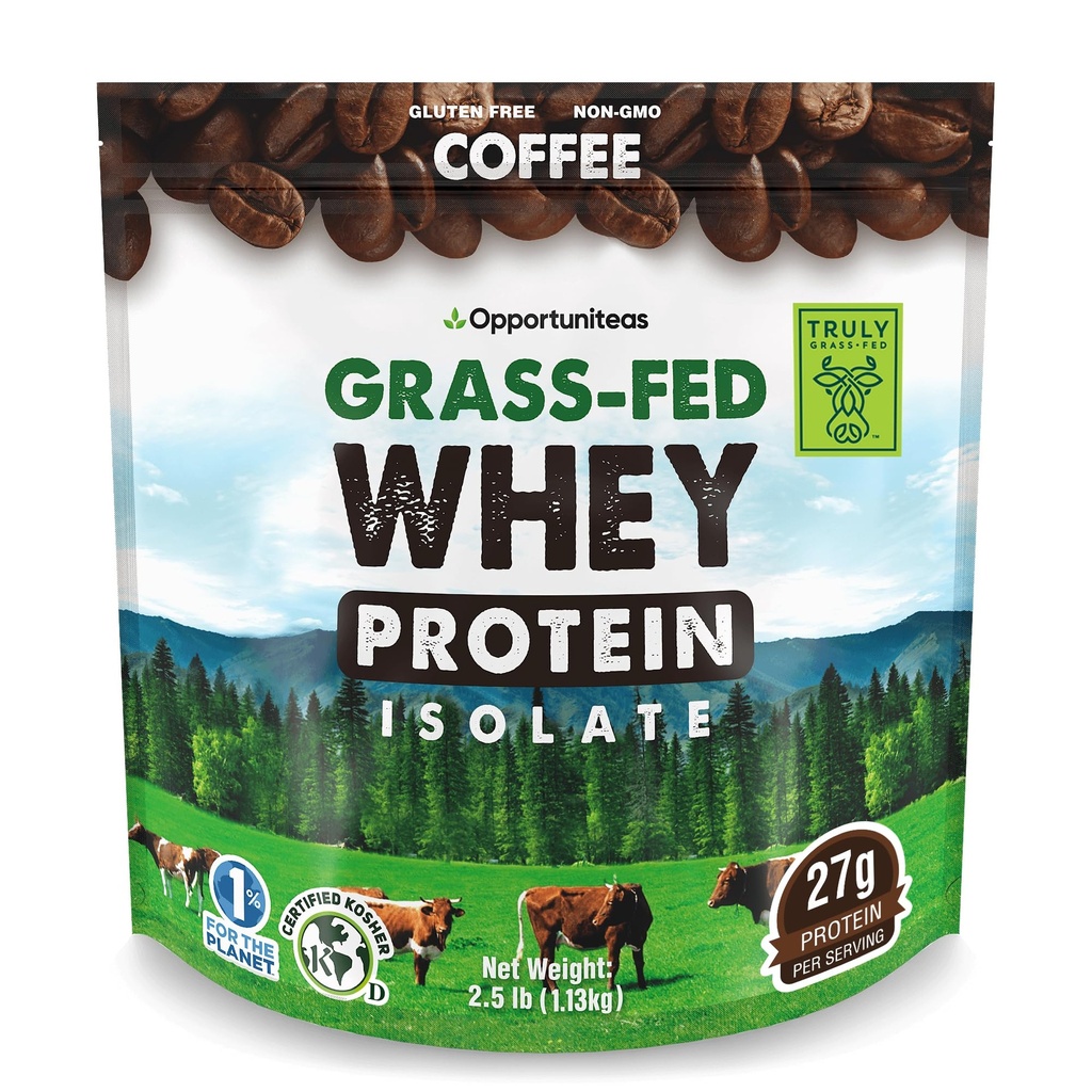 Opportuniteas Grass Fed Coffee Whey Protein Isolate Powder - 27g Protein Powder uden kunstige sødestoffer, Hormon-Free Cows, Ikke GMO - 2.5lb