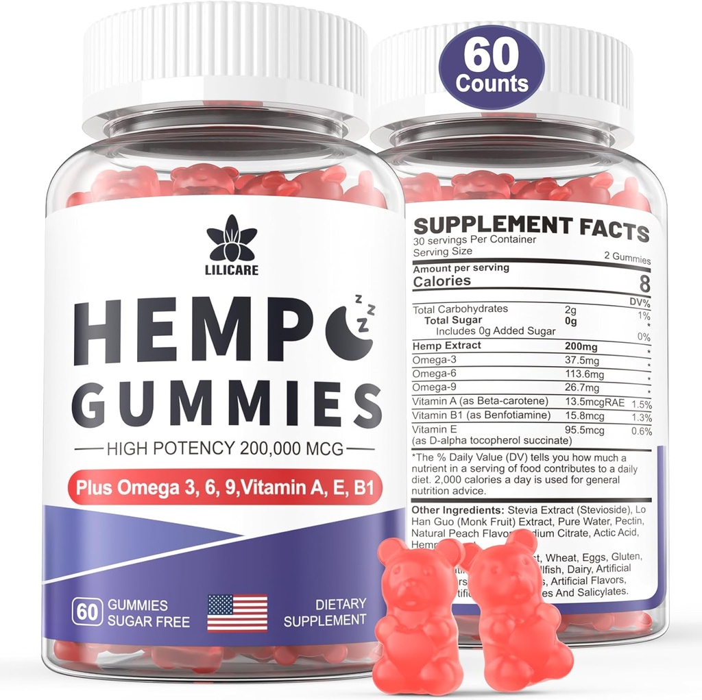 HempTotally Hamp Gummies 200mg, High Potency Vegan Hamp Oil med Omega 3 6 9, Vitamin A Buddy & B1, Zero Sugar, 60 Gummies, 30 Servere
