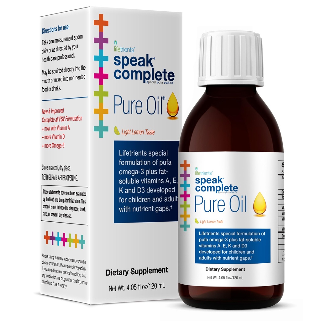 Lifetrients - Speak + D Pure Oil - Natural Lemon - 4.05 oz - Pediatrician Formuleret til at støtte børn med særlige ernæringsmæssige krav - Forbedret med Omega-3, vitamin A, D, E & K