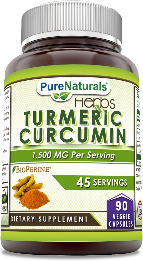 Pure Naturals Turmeric Curcumin with Bioperine 2250 mg Per Serving Supplement | Veggie Capsules | Non-GMO | Gluten Free | Made in USA (1 Pack, 90 Count)