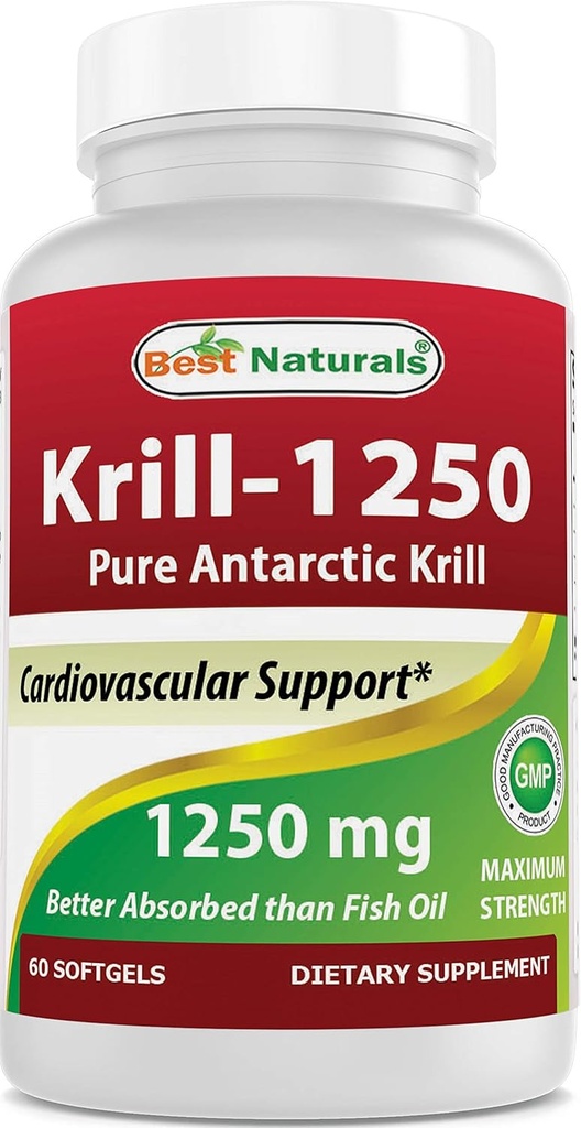 Bedste Naturals Pure Antarctic Krill Oil 1250 mg (Triple Strength) med Omega- 3s EPA, DHA og Astaxanthin 60 Softgels
