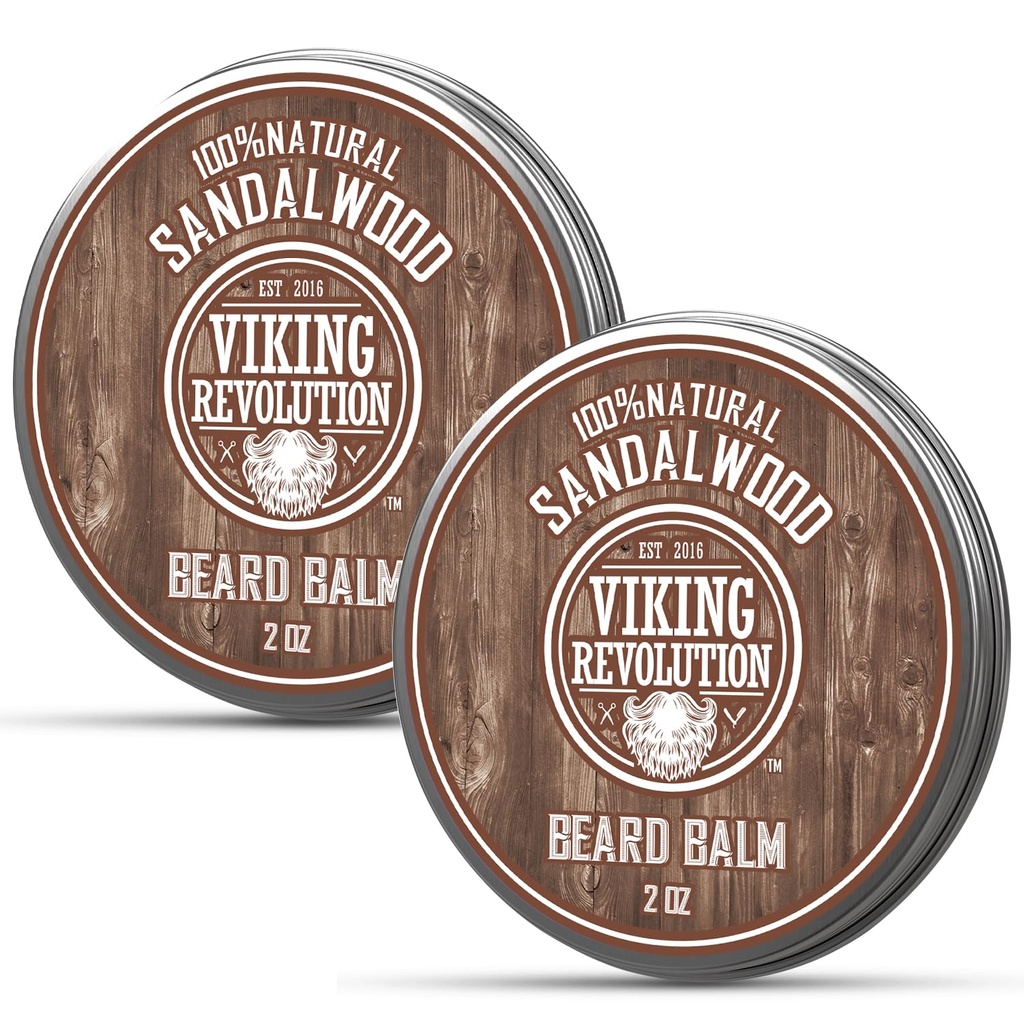 Viking Revolution Sandalwood Beard Balm - Beard Smør med Argan Oil, Beard blødgøringsmiddel til mænd med Jojoba Oil - Beard Moisturizer til mænd med bivoks - Beard Wax til mænd (2oz, 2 Pack)