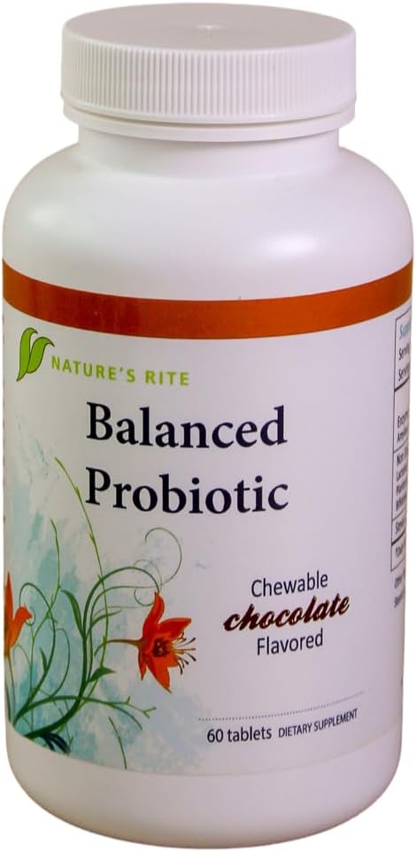 Naturens Rite Balancerede Probiotika, 60 tyggetabletter - Daglig Probiotisk & Enzyme Blend til fordøjelsesstøtte, Gut Balance & Wellness - Made in USA