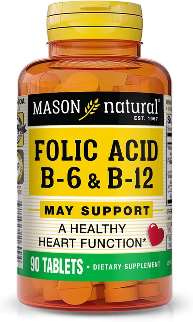 MASON NATURAL Folic Acid with B,6 & B,12, 90 Day Supply, Supports Normal Heart Health and Metabolic Function