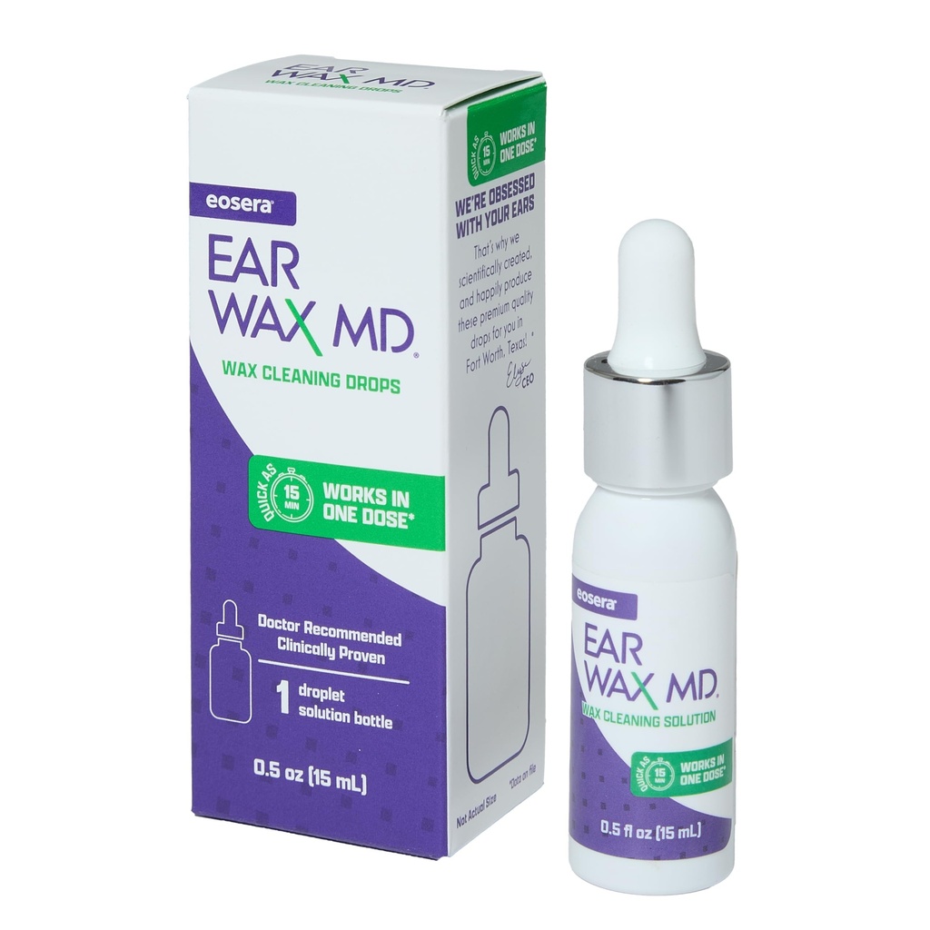eosera ® Ear Wax MD ® - Ear Wax Removal Drops - Breaks Down & Dissolves Earvoks i bare 1 Behandling - Læge Anbefalet & Klinisk Proven - Let & Sikker - 15-ml