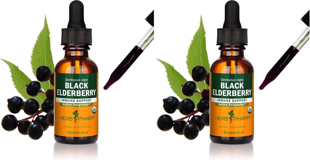 Herb Pharm Certified Organic Black Elderberry Liquid Extract for Immunsystemet Support, Organic Cane Alcohol, 1 Oz (pakke af 2)