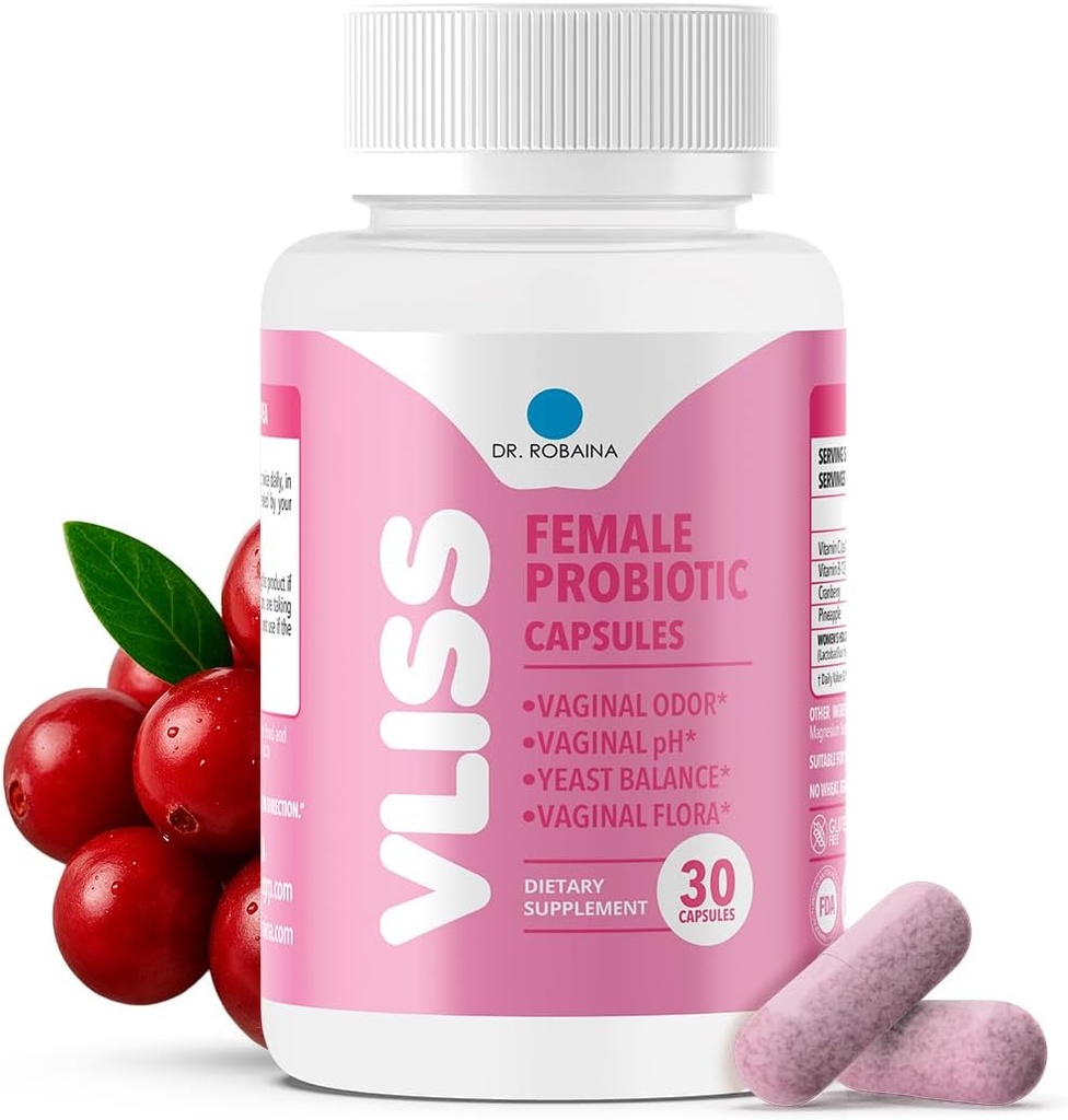 Dr. Robaina Women 's Daily Vaginal Probiotic + Cranberry & Pineapple, 5 B CFU Lactobacillus (rhamnosus, reuteri, gasseri, crispatus), pH Balance & Odor Control, C-vitamin & B- 12, 30 Veganske kapsler